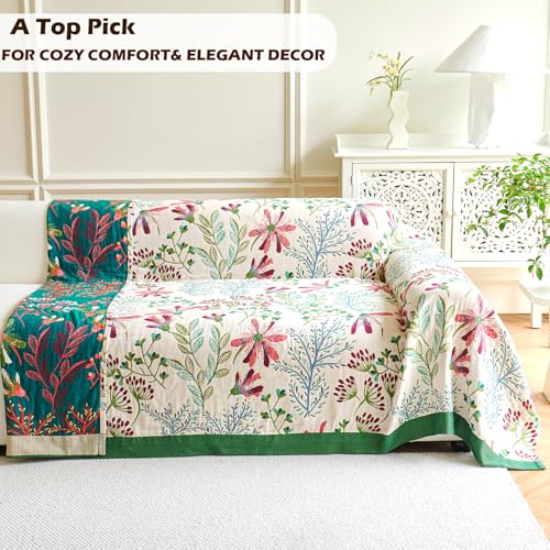 Image of VANJOROY Boho Throw Blanket, 100% Organic Cotton Breathable Ultra Soft 60 inch x 80 inch Bed Quilt Throw - All Season Floral Rustic Farmhouse Decor Luxury Reversible Blanket for Sofa Couch Chair and Gift
