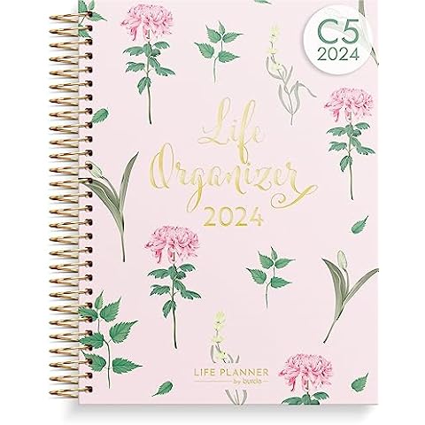 Burde Planner 2024 | Life Organizer Pink 2024 | January 1, 2024 to January 5, 2025 | Golden spiral binding | Daily & Weekly Planner | Scheduler | Hardcover, Thick paper, Spiralbound Cover