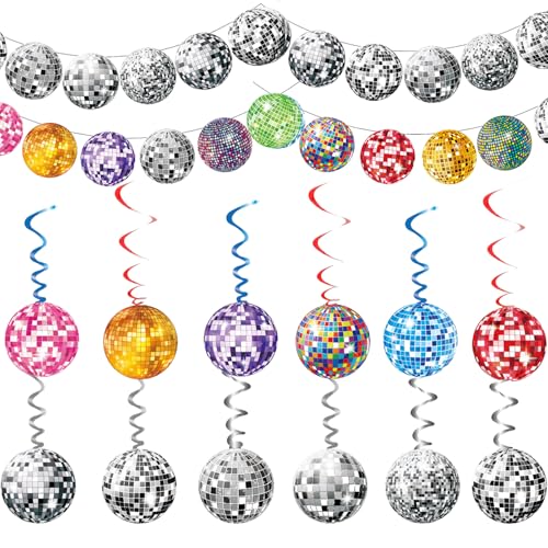 12 bolas de discoteca colgantes con forma de espiral, decoración de techo, bola de discoteca, espirales colgantes con 2 guirnaldas, decoración de fiesta de neón, para carnaval, discoteca de los años