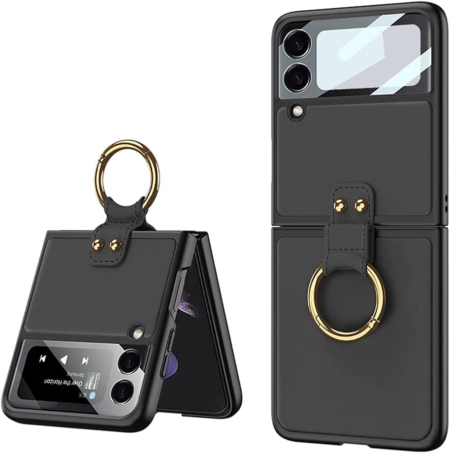 GOLDEN MASKCase For Samsung Galaxy Z Flip 4 Leather Case with Ring - (Black)