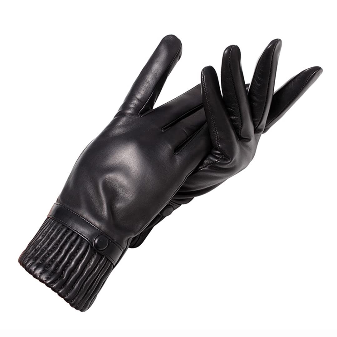 Guanti invernali da donna in pelle nera antivento Guanti da moto impermeabili da esterno con fodera in lana Black 34