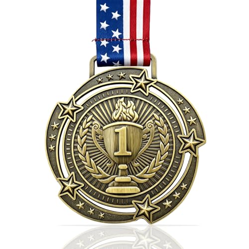 SAKNYUFO First Place Medal 3.34Inch - Gold Medal with Stars & Stripes Neck Ribbon - 1st Place Metal Award Medals Olympic Style Winner Awards for Sports Party Tournaments Prizes Competitions