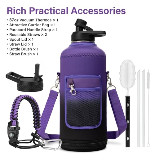 Insulated Water Bottle | Thickened Stainless Steel for Gym and Hiking with Straw, Carrier Bag, Handle Strap | BPA-Free 87 oz