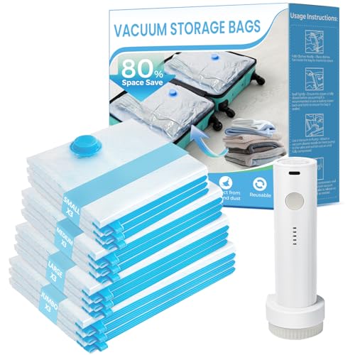 Vacuum Seal Bags for Clothing Travel, 12 Pack Vacuum Storage Bags for Clothes with Portable Electric Pump, Space Saver Bags for Luggage Traveling and Clothing