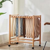 FOLREORP Natural Wooden Pants Hangers with Wheels Trouser Rack Organizer with 12 Hangers Clothes Organizers and Storage for Pant Shorts Jeans Trousers Pants Rack Trolley (Wood color)