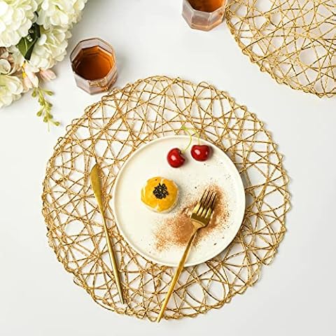 IcosaMro Gold Round Placemats for Dining Table Set of 6 Non-Slip Woven Heat Resistant Circle Table Mats Metallic Place Mats for Table Decor Holiday Christmas Wedding Accent Centerpiece, 14.96 Inches Cover