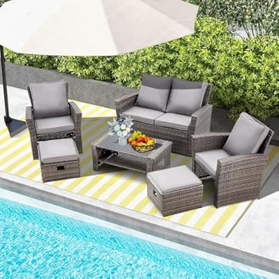 HOMREST 6 Piece Patio Conversation Set, Outdoor Rattan Sectional Sofa Set with Ottoman with Storage, Patio Sofa with Coffee Table for Garden, Porch, Backyard (Gray)