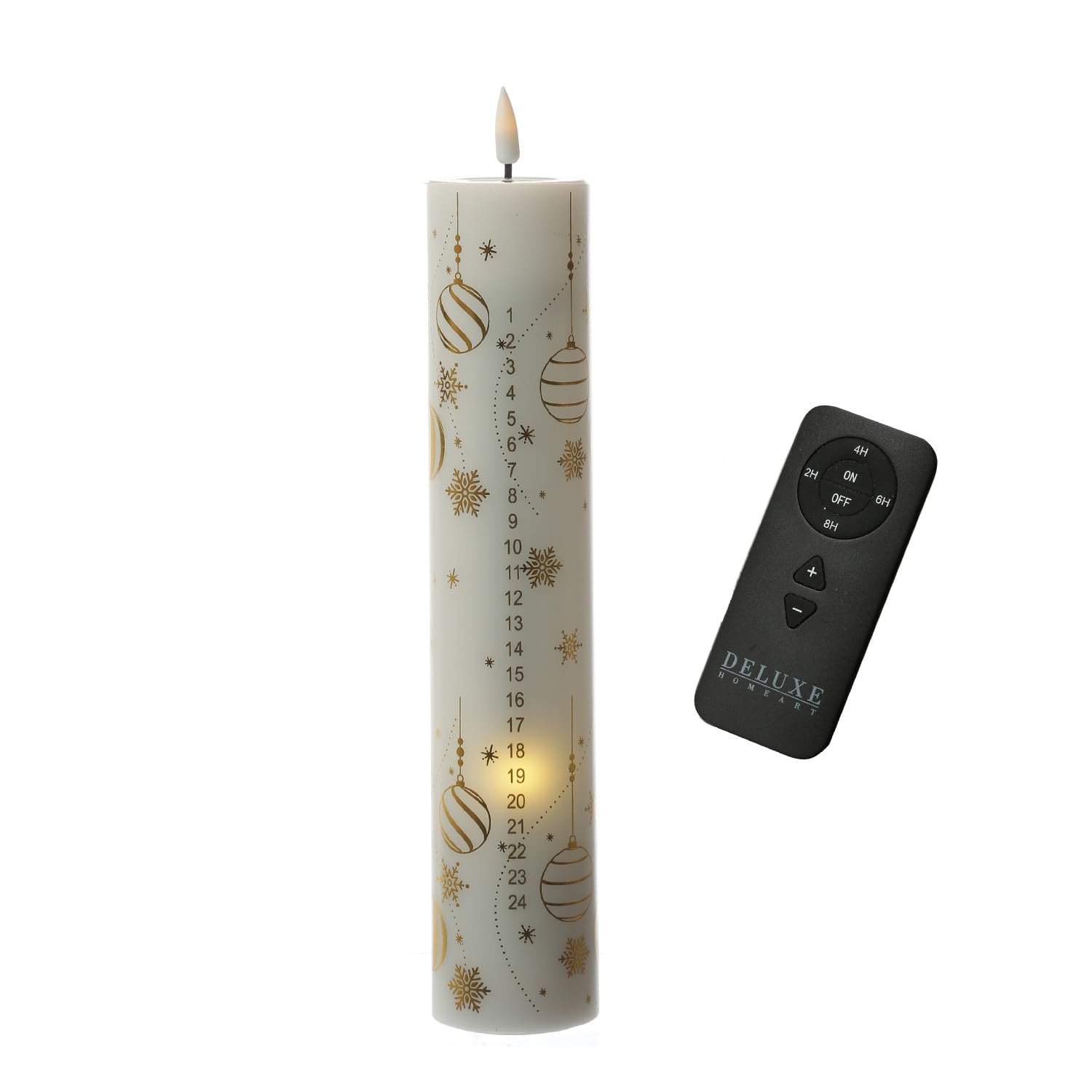 MARELIDA LED Adventskalenderkerze mit 24 Zahlen Deluxe Homeart Weihnachtskerze mit Fernbedienung und Batterien H: 25cm Echtwachs Adventskerze Kalenderkerze (weiß/gold)