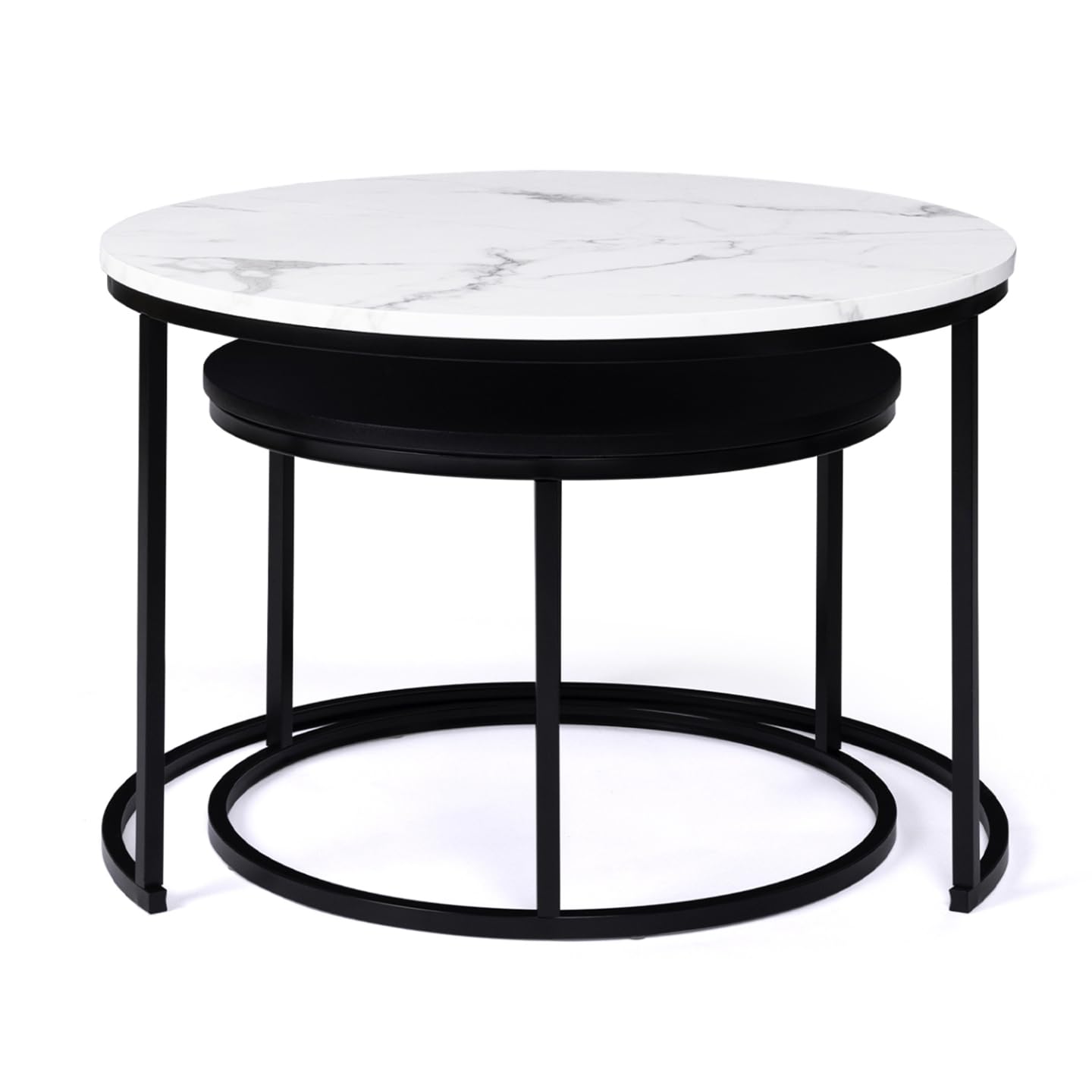 IDMarket - Lot de 2 Tables Basses gigognes Alaska Rondes 54/70 Effet marbre et Noir Pieds métal