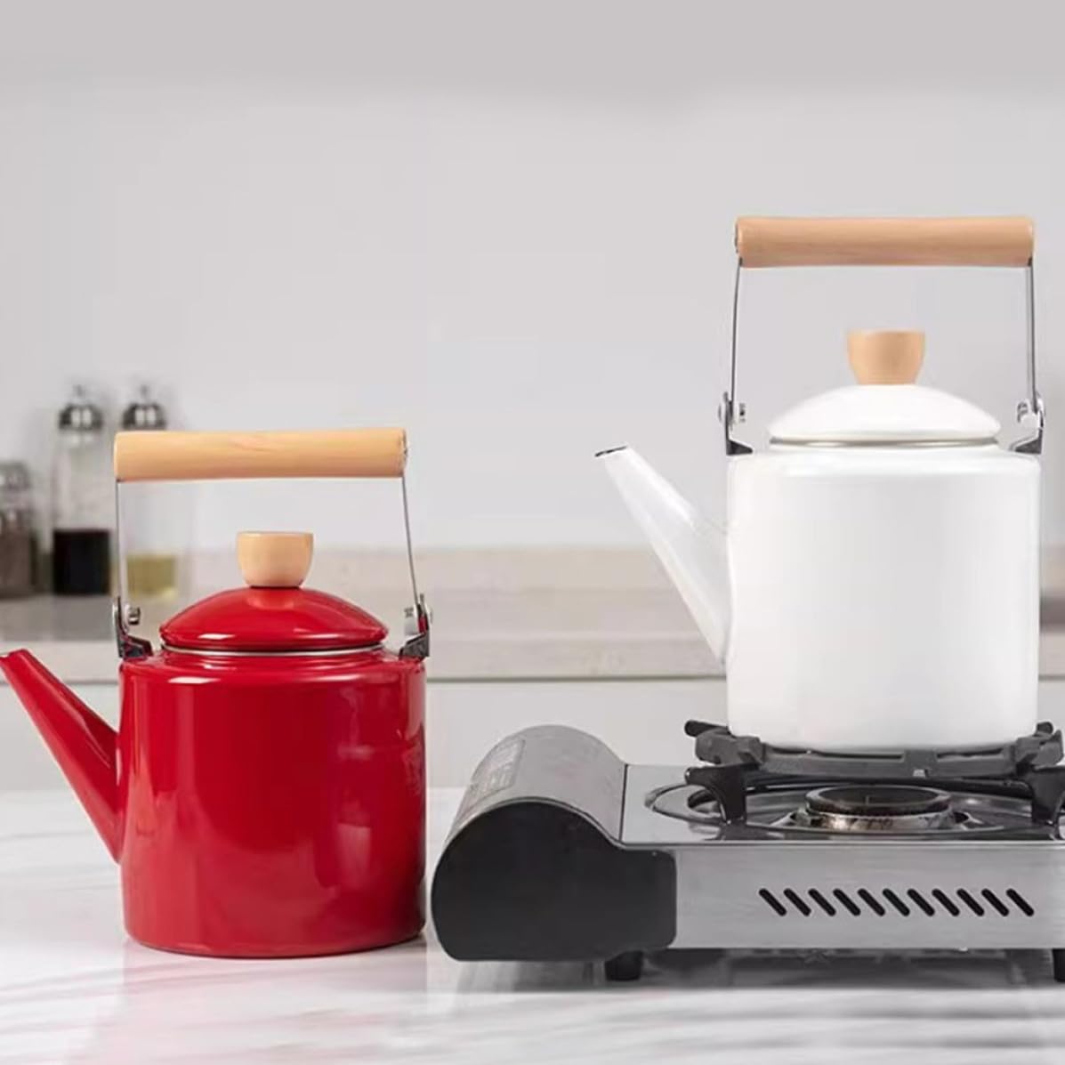 Tetera de Cocina de Esmalte 2, 4 L Mango de Madera Roja