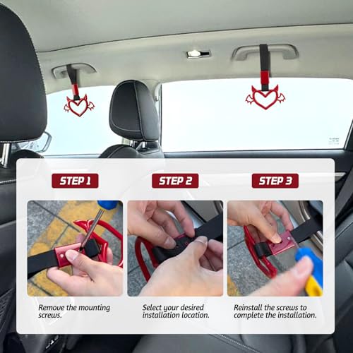 Image of 2 Pcs Devil Heart Shaped Car Handle Strap - JD M Drift Charm Rear Bumper Warning Ring Decor for Car Interior Exterior, Subway Bus Handle Accessory, Cute Heart Car Decor Gift (Red-Wing)