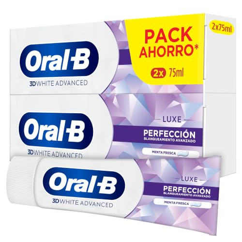 Oral-B 3D White Advanced Luxe Perfection Dentífrico Blanqueador, 2x75 ml | Blanqueamiento Avanzado, Eliminación de Manchas, Pasta de Dientes con Flúor, Sabor a Hierbabuena Fresca