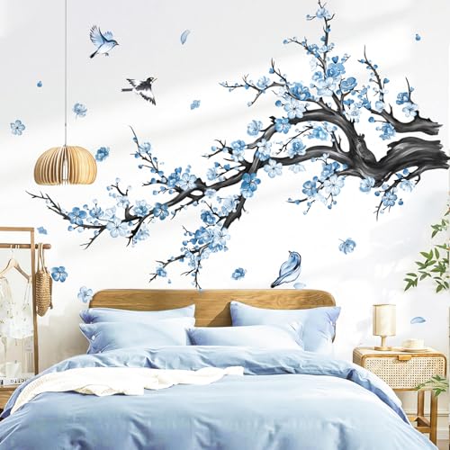 decalmile Stickers Muraux Branche de Fleurs Bleu Autocollant Mural Floral Arbre Aquarelle Oiseaux Décoration Murale Chambre Enfants Bébé Salon TV Mur