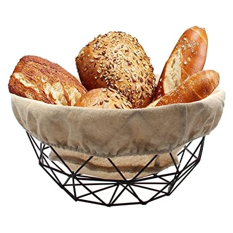 Porssaut Display Basket Fruit Bowl, Metal Fruit Baskets Picnic Holiday Candy Storage Bowls Iron Holder Geometric Design Decor with Linen Cotton Bag (Black) Cover