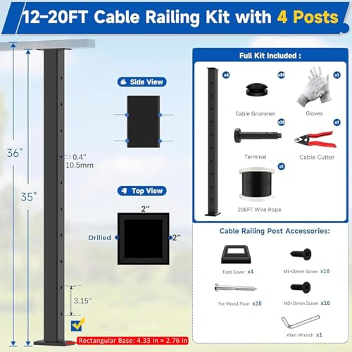 Image of 36 inch 12-20FT Swageless Modular Black Cable Railing System Post Kit with 4 Level Posts, Patent Reusable Cable Railing Kit, T304 Stainless Steel, Upgraded Powder Coated for Outdoor Decks