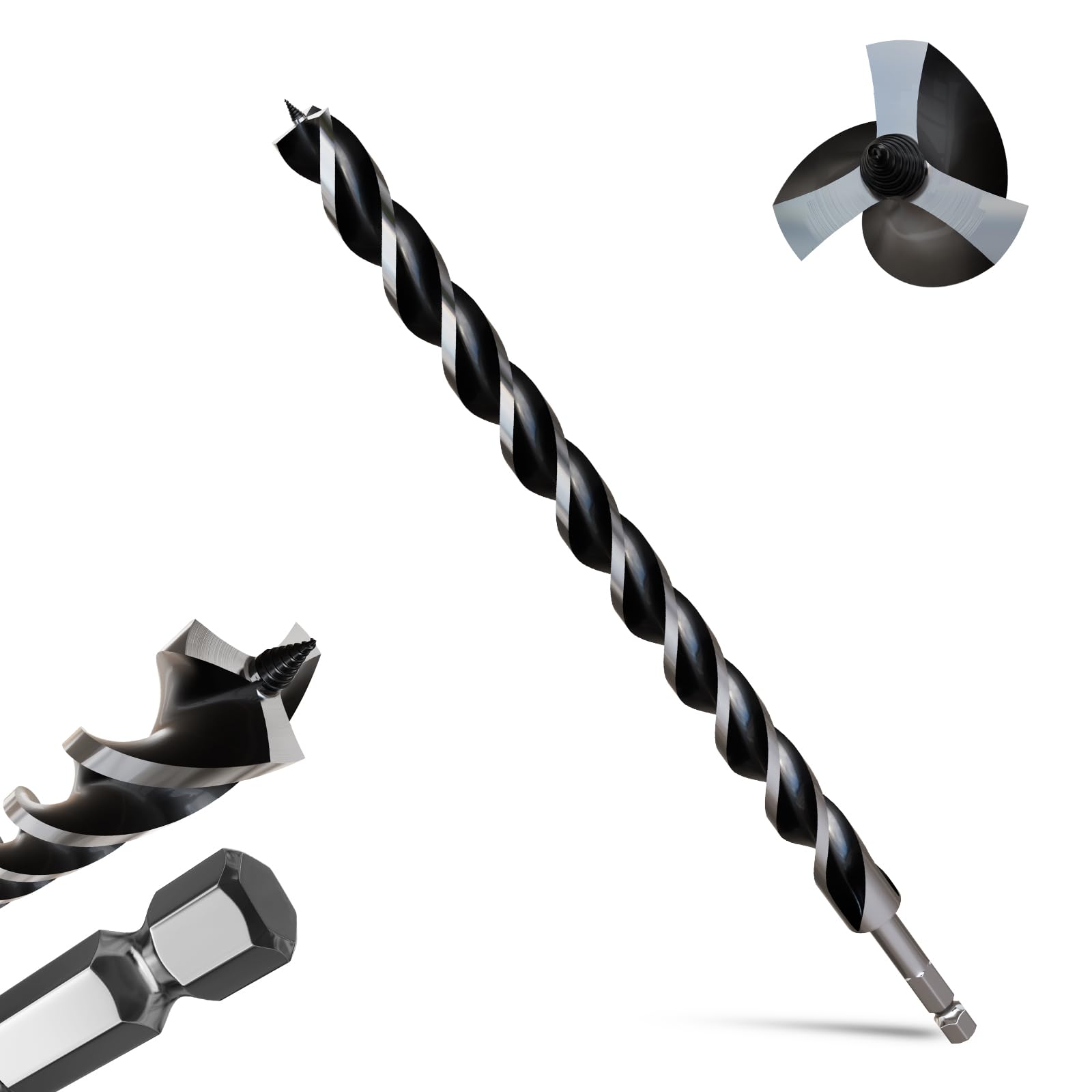 METOTY 25mmx460mm Auger Drill Bit Extra Long Drill Bits,12mm Hex Shank for Wood with Quick Change - 3-Cutter Design with Dual-Flute for Fast Chip Removal, Fits Hardwood, Softwood, PVC, Drywall — image 1