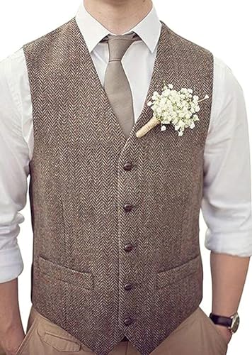Men's Wool Herringbone Groom Vests Formal Groom's Wear Suit Tweed Vest Skinny Wedding Dress Waistcoat - Main Image