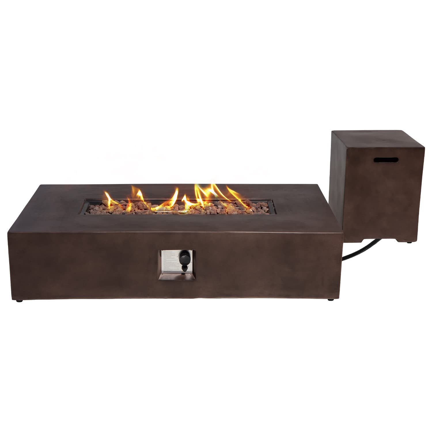 Tavolo per caminetto a gas propano per patio, con serbatoio da 9,1 kg, braciere rettangolare da 50.000 BTU, finitura simile al cemento con rocce laviche, copertura antipioggia, 142,2 x 73,7