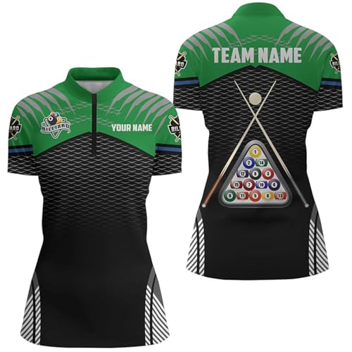 Personalized Sport Green 8 Ball Billiard 3D Quarter Zip Shirts for Women Pool Billiard Balls Jerseys V1027