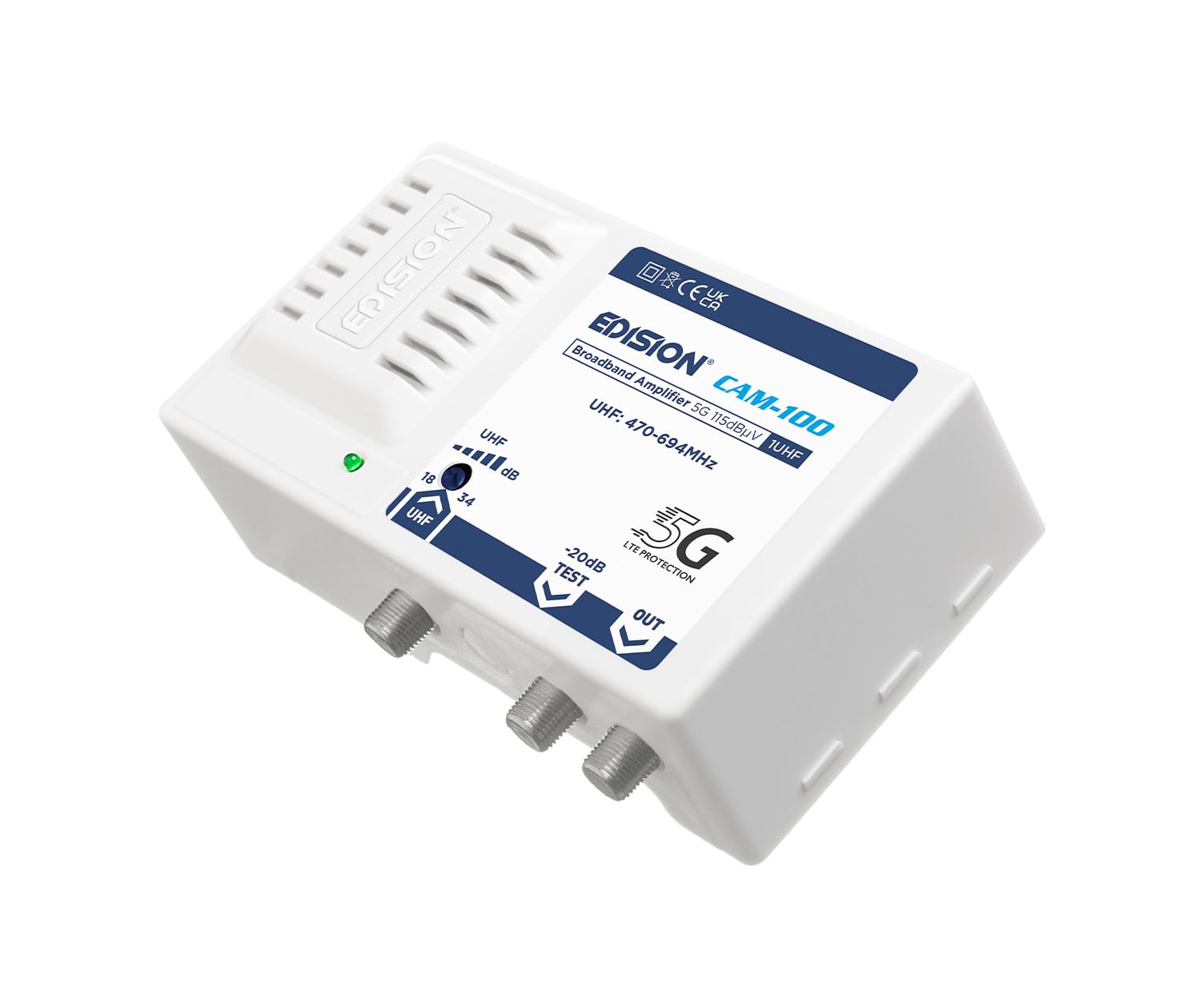 EDISION CAM-100 Amplificatore Antenna TV, Centrale Banda Larga, 1UHF, 18-34db Regolabile, 115dBmV, per Digitale Terrestre DVB-T/T2, con filtro 5G LTE, UHF 470-694Mhz