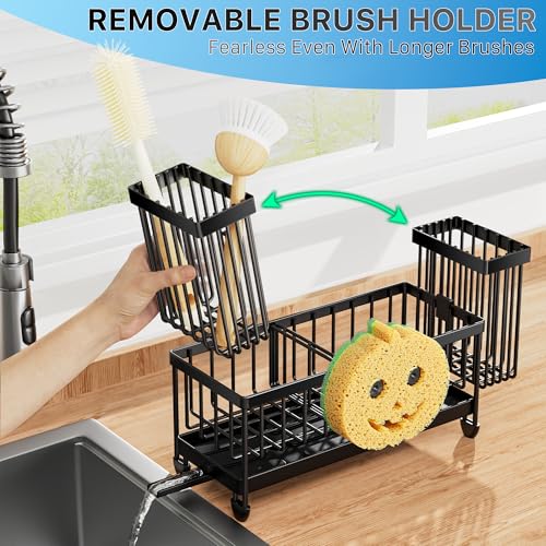 Image of Cisily Sponge Holder for Kitchen Sink, Sink Caddy Organizer with High Brush Holder, Kitchen Countertop Organizers and Storage Essentials, Rustproof 304 Stainless Steel (Black with Smiley Face, 9.25″)