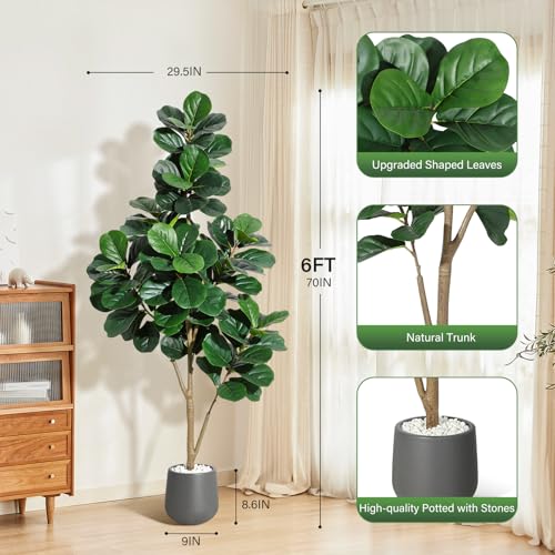 6FT Fiddle Leaf Fig Tree Artificial with 108 Leaves - Realistic Faux Ficus Lyrata Trees in 9" Grey Planter Pot, Indoor Fake Floor Plants for Home Office Living Room Decor, Housewarming Gift