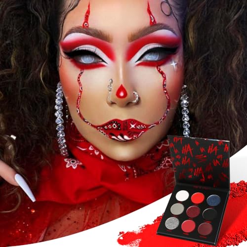 DE'LANCI 9 Colors Black Red Eyeshadow Palette, Horrorclown Goth Makeup, Silver White Shimmer Matte EyeShadow Palette - Image 4