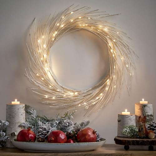 Roomfitters Pre-Lit Artificial White Twig Wreath with LED Lights, Battery-Operated Sparkling Branches for Holiday and Year-Round Decor, Perfect for Door and Wall Accent, White