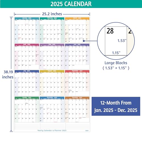 Calendário de parede anual 2025, multicolorido