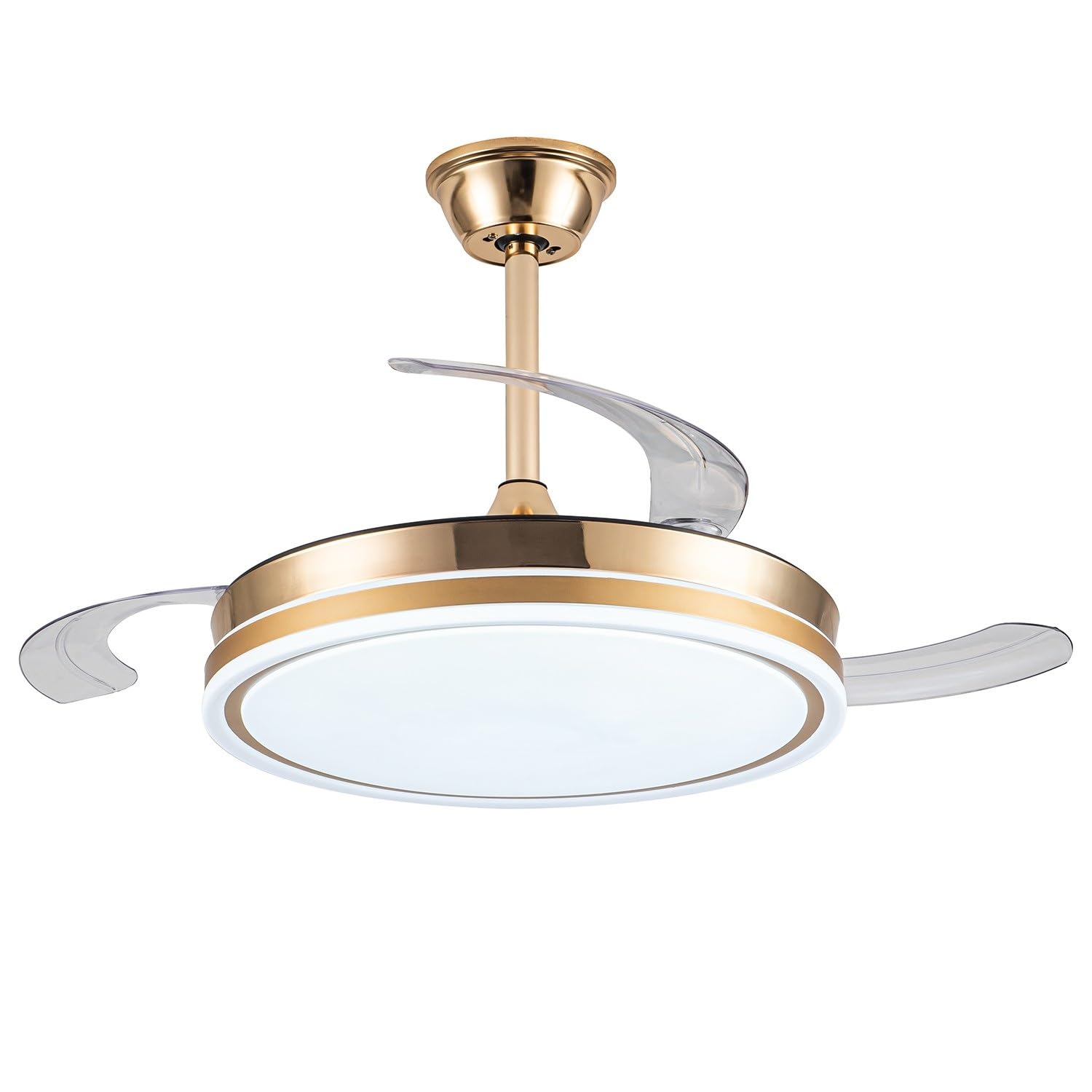 DRW Lampara Ventilador de Techo Dorado con aspas retractiles 3 Colores de Luces y Mando a Distancia Ø106x36-53 cm