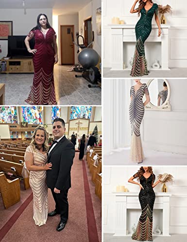Image of Women 1920s Plus Size Formal Dress Tassels Sleeve Sequins Gatsby Maxi Evening Gown