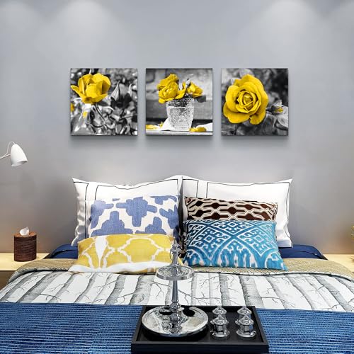 DZRWUBHS Large Size Wall Art - Modern Decor for Bedroom, Living Room, Kitchen, Bathroom - Black & White Wall Pictures - Yellow Rose Flowers - Canvas Prints - Girls Room Artwork