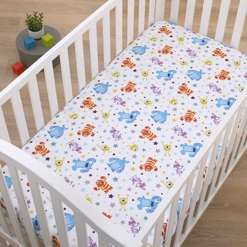 Image of Disney Monsters Inc. Blue, Green, Orange and White, Sully and Mike Super Soft Nursery Fitted Crib Sheet