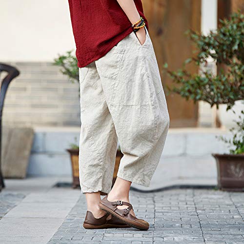LUZU JUNU Womens Summer Cotton Linen Cropped Capri Trouser Casual Loose Wide Leg Baggy Pants2