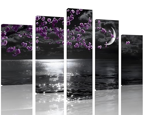 TutuBeer 5 Panels Purple Picture for Bedroom Purple Bedroom Pictures Wall Decor Black and White Seascape Full Moon Purple Flower Print on Canvas for Home Decor Stretched and Framed