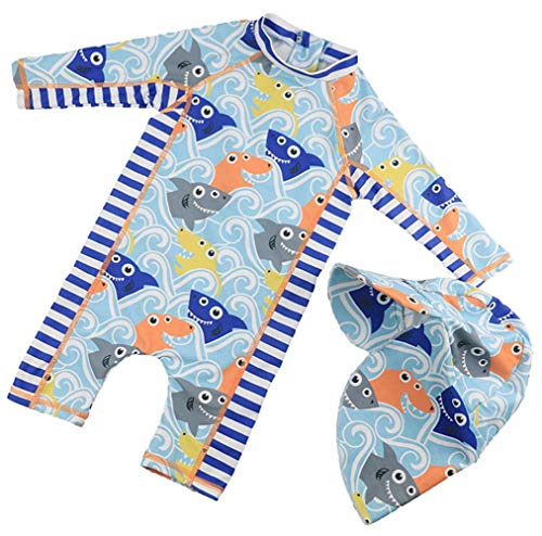 Sun Protective Baby Boys Swimsuit Toddlers One Piece Swimwear with Hat Shark Rash Guard UPF 50+ Sea Fish (4-5 Years)