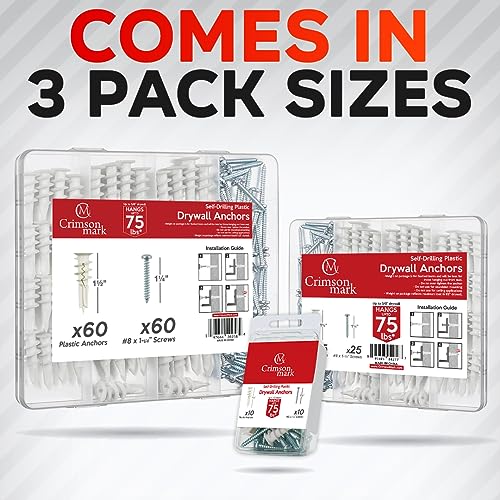 Image of CrimsonMark 20Pcs Self Drilling Drywall Anchors and Screws kit #8 x 1-1 /4 inch- Superb Wall Anchors for Drywall, Holds Upto 75lbs - No Drill Hole Required with These Dry wall Screws and Anchors