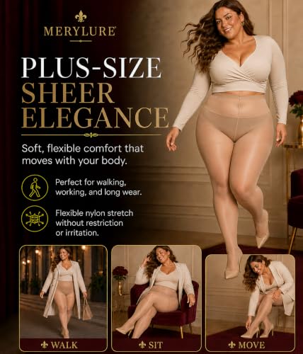 Image of MERYLURE Plus Size Sheer Tights for Women,20D Control Top Pantyhose Reinforced Toes High Waist Stockings 3 Pairs 1XL-6XL