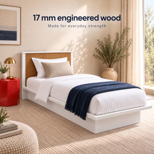 Image of Bniture Modern Low Height Single Size Bed Without Storage | Engineered Wood Platform Beds Headboard | King Size Wooden Cot Double Bed for Bedroom 3 Year Warranty (Frosty White & Giant Wood)