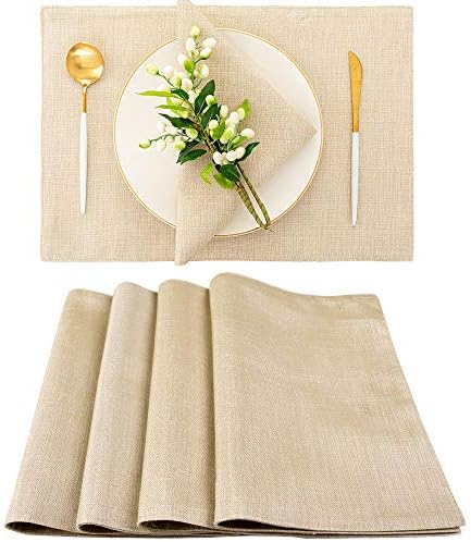 Linen Woven Placemats for Dinner Table, Spring Garden Home Set of 4 Washable Natural Polyester Mats 13 x 19 Inches, Light Linen