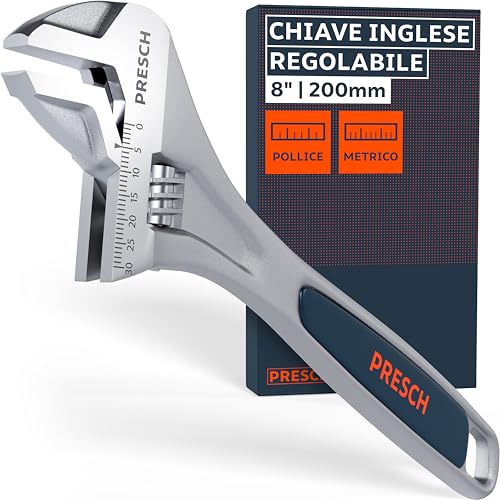 PRESCH Chiave inglese regolabile 200mm - Scala incisa al laser 30mm (metrica e pollice) - Fresata di precisione per una presa ottimale - Robusta chiave a rullino ad ago - Utensile di alta gamma