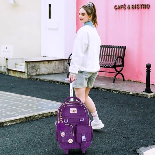CCJPX 3PCS Rolling Backpack for Girls, Women Roller Bookbag with Lunch Box for Adults, Water Resistant Wheeled School Bag for Teens Kids Travel - Dark Purple - Image 7
