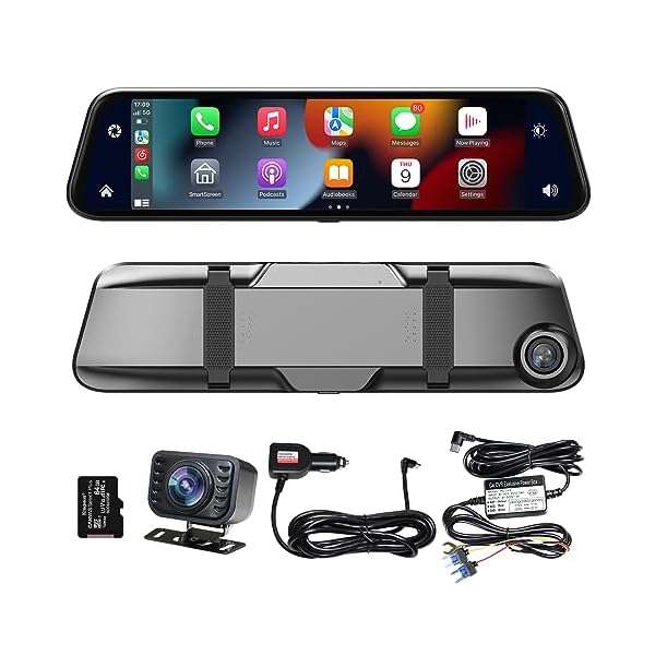 12″ 2K Rear View Mirror Dash Cam Backup Camera, in-Mirror Smart HD Full Touch Screen Front&Rear Video Players Support Apple CarPlay&Android Auto for Cars&Trucks, Parking Monitoring, 64GB Card