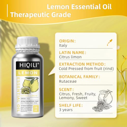 Image of HIQILI Lemon Essential Oil for Cleaning, Degreasing & Household Use, Skin Care, Aromatherapy, Diffuser - 16 Fl Oz