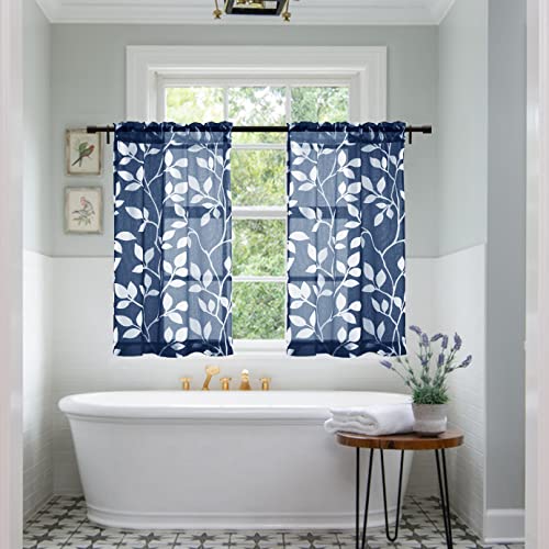 Image of XTMYI 30 Inch Length Small Curtains for Bathroom Window Rod Pocket Nautical Country Cafe Leaf Sheer Tier Curtains for Kitchen,30L,Navy Blue and White
