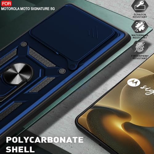Image of AESTMO Tough Armor Motorola Moto Signature 5G Bumper Back Case Cover | Ring Holder & Sliding Camera Shield Cover | 360 Degree Protection Back Case Cover for Motorola Moto Signature 5G (Blue)