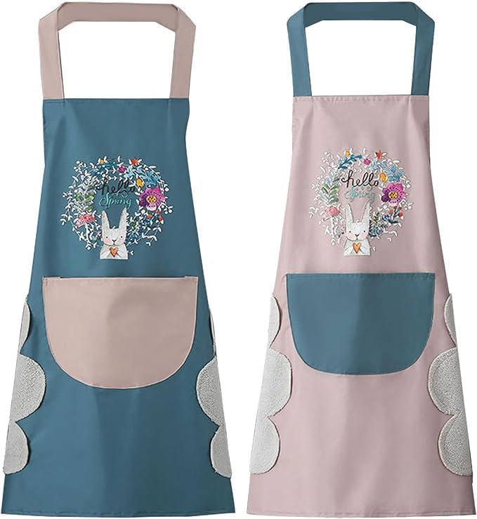 AMBROSIAL STORE Apron For Kitchen Cotton Kitchen Apron Set with Front Pocket Floral Bunny Design, Cooking Printed Apron For Women (PACK 2)
