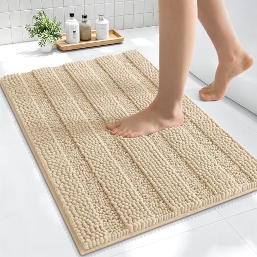 Image of Smiry Thick Small Chenille Bathroom Rugs 24x16, Absorbent Bath Mat, Beige
