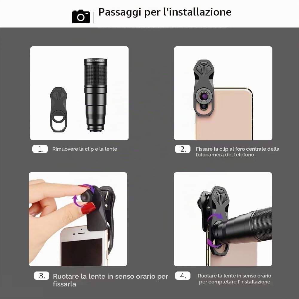 Obbiettivi Smartphone 10 in 1, Obiettivo macro 15x, Fisheye 198°, Teleobiettivo 22x, Grandangolo 0,63x,Macro lens,con la maggior parte degli smartphone