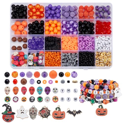 PH PandaHall Halloween Friendship Bracelet Kit 1370+ Halloween Beads 24 Styles Orange Purple Acrylic Bead Skull Ghost Beads Charms Clay Heishi Bead for Jewelry Making Bracelet Necklace DIY Crafts